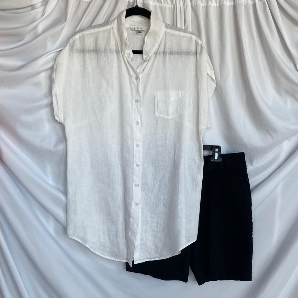 CAbi White Button-Down Short Sleeve Linen Shirt